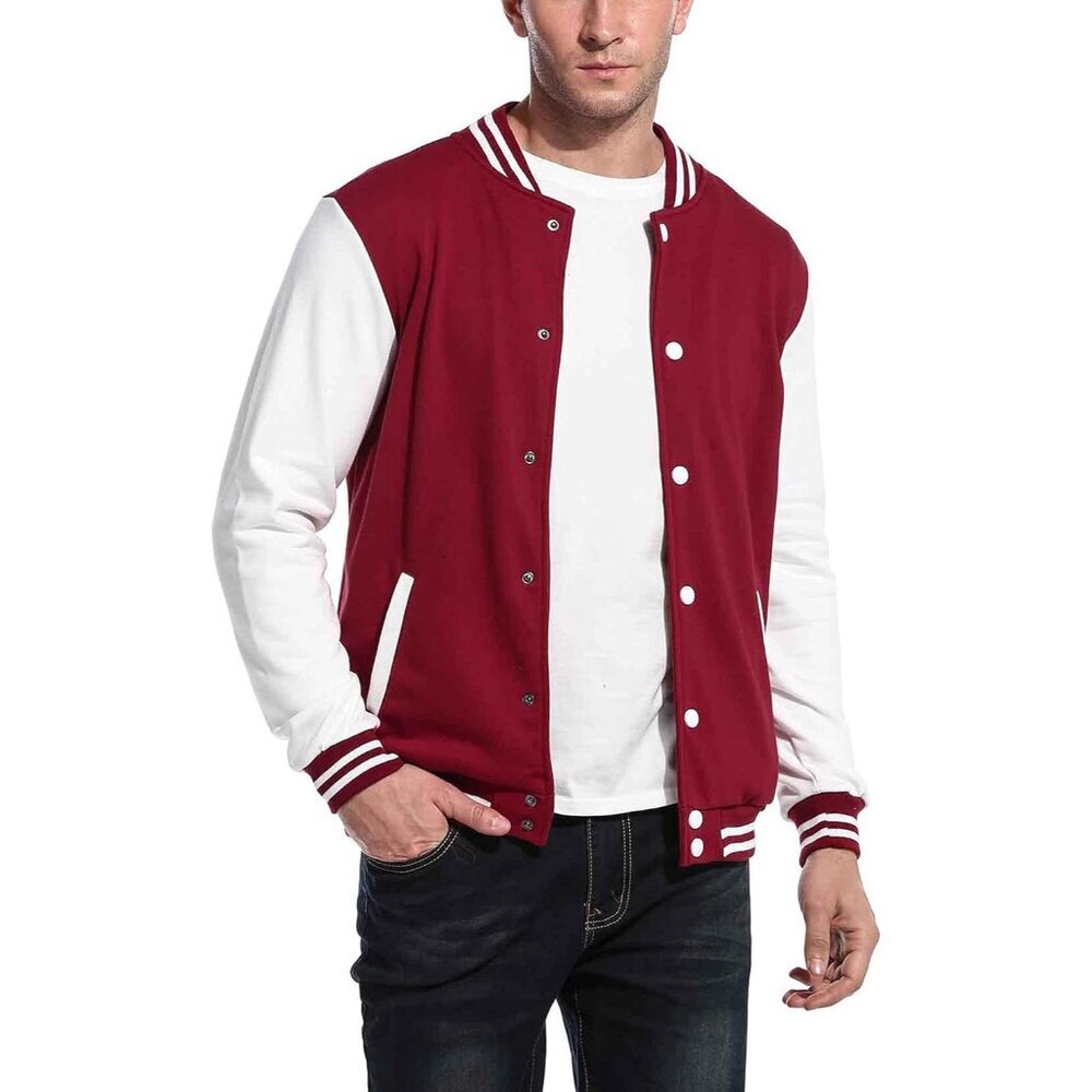 Men's Varsity Jacket Slim Fit Cotton Letterman Baseball Bomber Jackets Burgundy